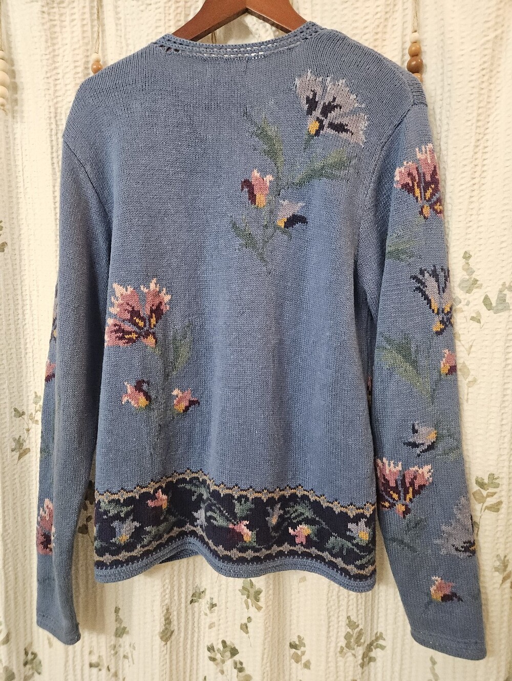 Coldwater Creek Vintage Blue Floral Knit Cardigan Sweater Medium Cottagecore - Picture 8 of 16